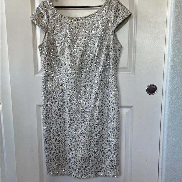 ADRIANNA PAPELL stunning elegant silver lace plus size dress 16w 2x  SEE VIDEO